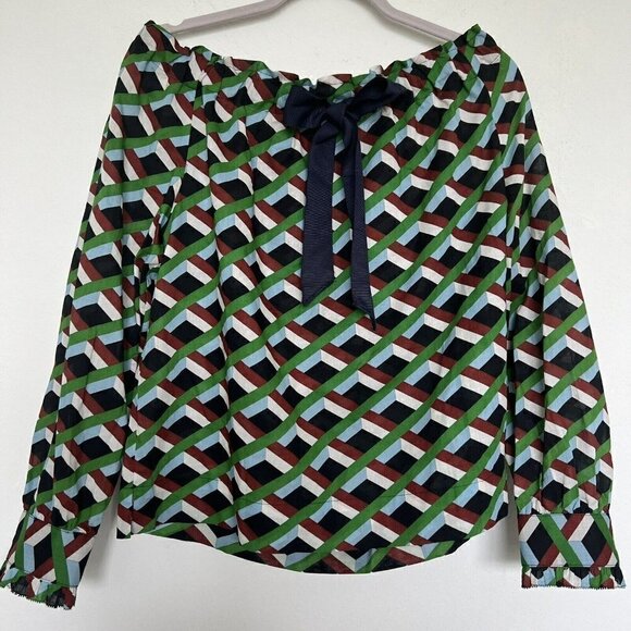 J CREW Off the shoulder blouse top SMALL green Blue Ratti graphic diamond NEW - Picture 3 of 10